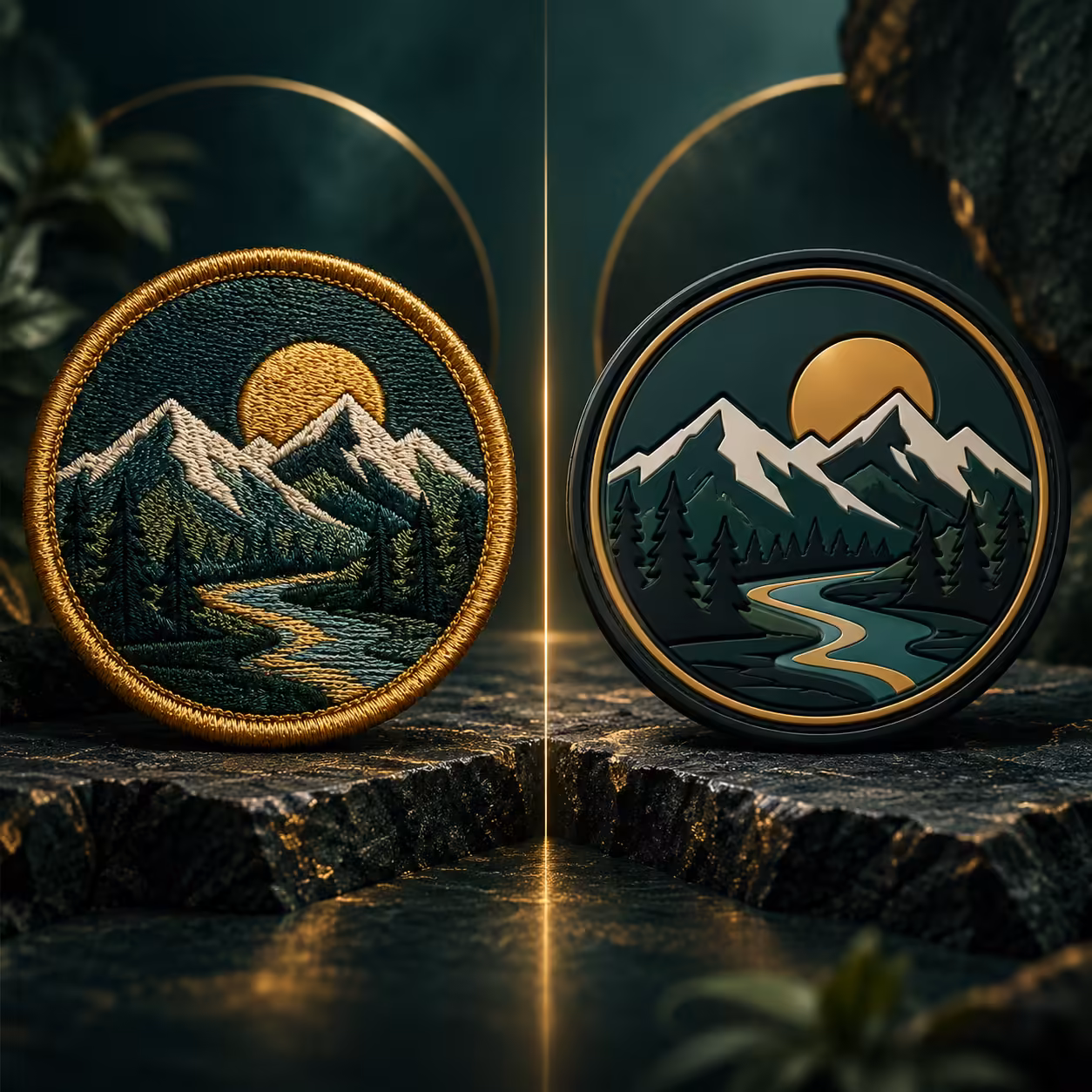 Side-by-side comparison of a stitched embroidered patch and a moulded PVC patch